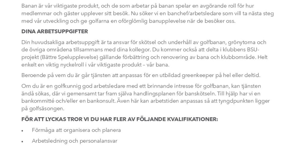 Vi söker ny Banchef/Greenkeeper