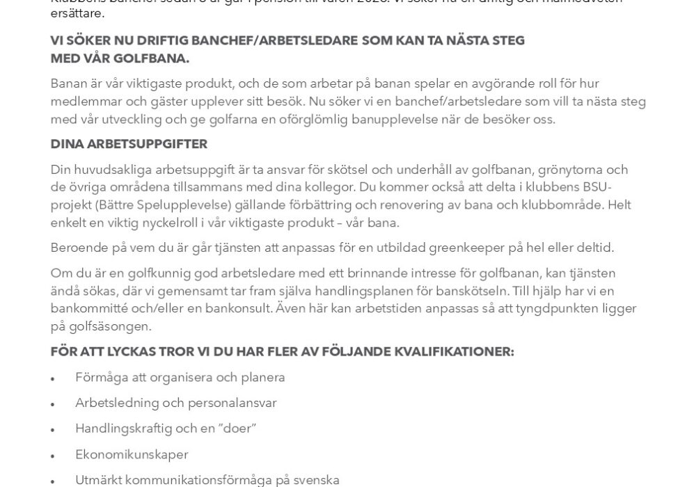 Vi söker ny Banchef/Greenkeeper